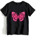 thumbnail image 1 of Whimsical Pink Butterfly Graphic Black T-Shirt Casual Neck Style, 1 of 5