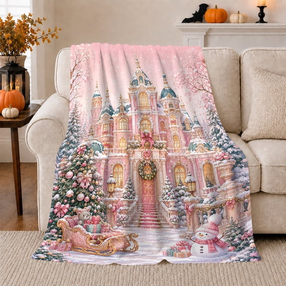 Whimsical Pink Castle Winter Wonderland Scene Festive Holiday, Festive Holiday Scene, Warm Flannel Blanket for Living Room and Family Room, Art Lovers Christmas Gift, Festive Home Decor