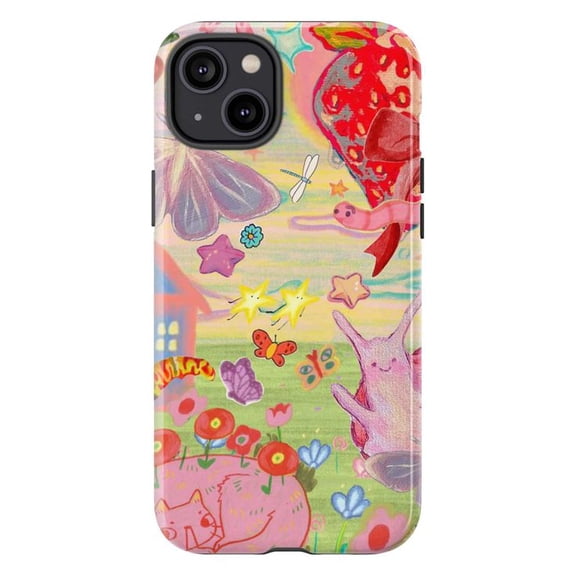 Whimsical Pink Cat & Rabbit Art Phone Case, Dreamy Cartoon Fantasy Cover, Protective Case for iPhone 17 16 15 14 13 12 11 Plus Pro Max Mini