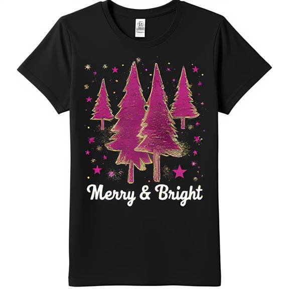 Whimsical Pink Christmas Trees with Gold Glitter Merry & Bright Black T-Shirt
