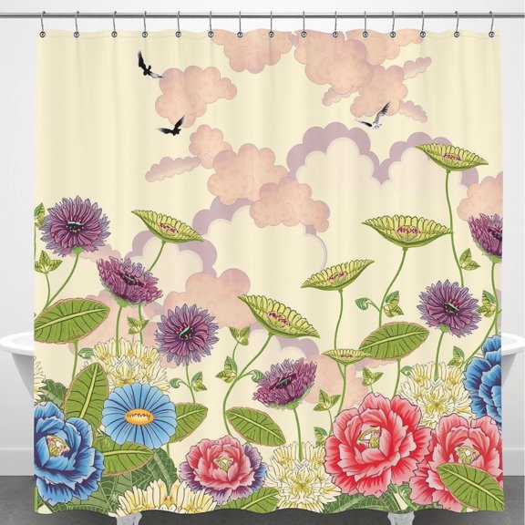Whimsical Pink Cloud Shower Curtain with Vibrant Floral Design - Dreamy Bathroom Decor