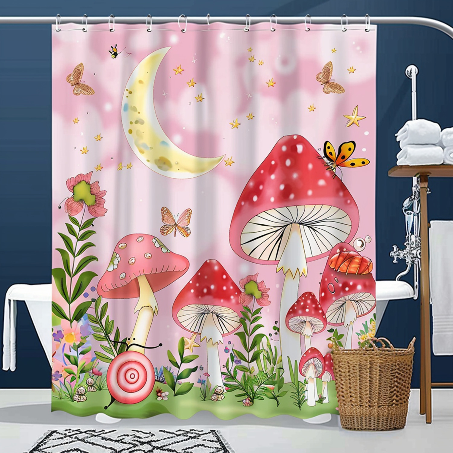 Whimsical Pink Mushroom and Snail Cartoon Shower Curtain with Moon