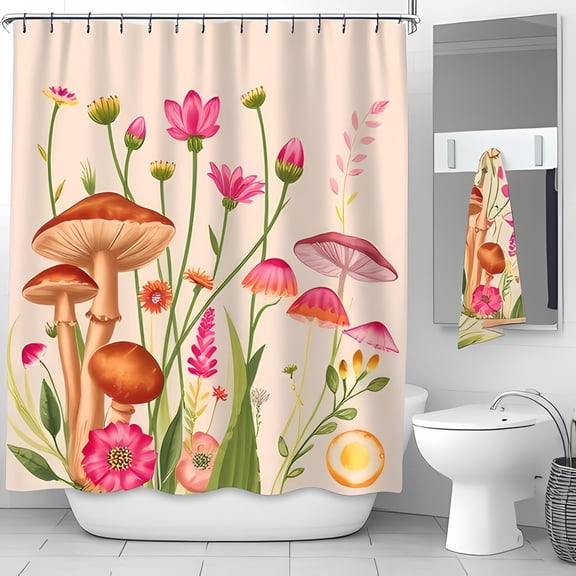 Whimsical Pink & Orange Mushroom Shower Curtain with Wildflowers - Charming Bathroom Decor
