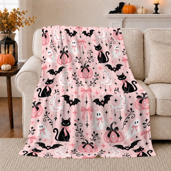 Whimsical Pink Pumpkin Black Cat autumn celebration, Playful Pet Portrait Pattern, Warm Flannel Blanket for Living Room and Bedroom, Cat Lovers autumn celebration Gift, Pet Lover Home Decor