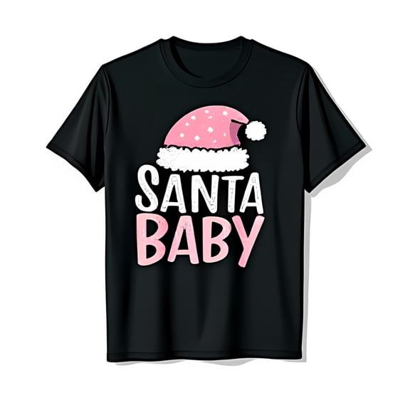Whimsical Pink Santa Hat Graphic Black T-Shirt Santa Festive Design