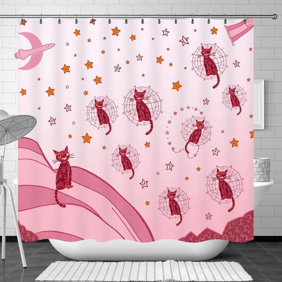 Whimsical Pink Shower Curtain with Maroon Cats, Stars & Rocket Ship
