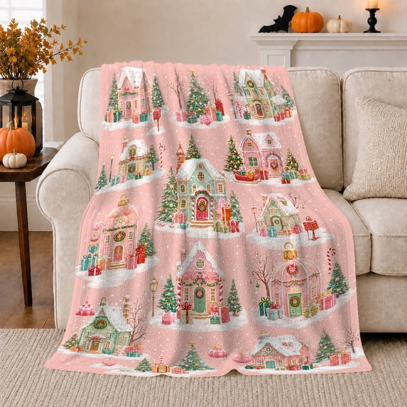 Whimsical Pink Snowy Village Christmas, Festive Holiday Scene, Warm Flannel Blanket for Living Room and Family Room, Art Lovers Christmas Gift, Festive Home Decor