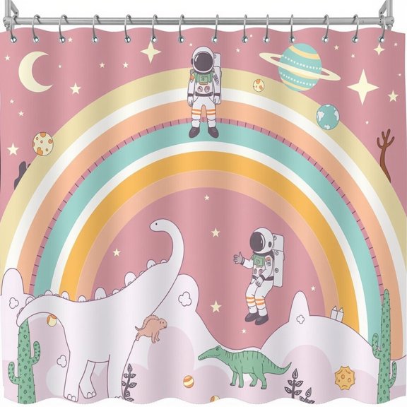 Whimsical Pink Space & Shower Curtain with Rainbow, Moon & Stars