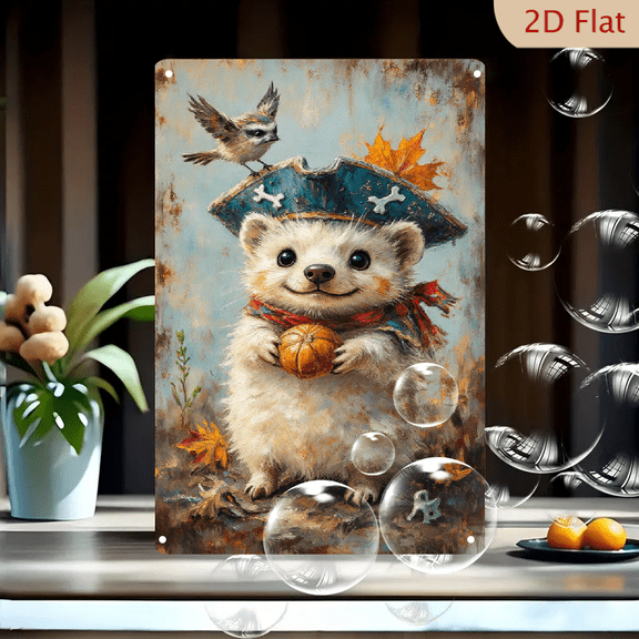 Whimsical Pirate Ferret with Pumpkin 8x12 Inch Metal Wall Art, Cozy Fall Fantasy Decor with Bird and Autumn Leaves, Rustic Vintage Style Tin Sign for Home Office