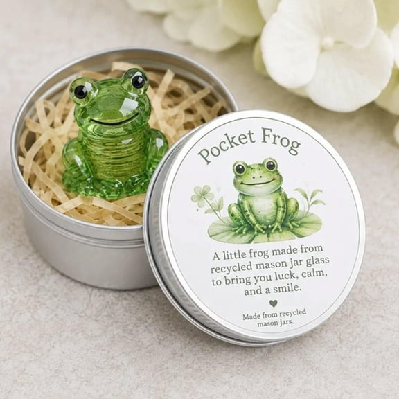Whimsical Plastic Pocket Frog Figurine 3.35 Inch Cute Green Miniature Animal Decor Accent with Tin Container for Office Desk Tabletop Ornament