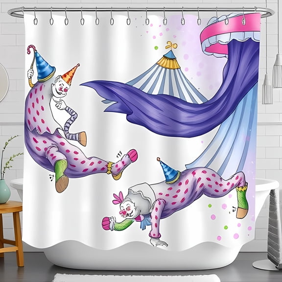 Whimsical Polka - Dotted Shower Curtain with Colorful Cartoon Characters Dancing in a Fun Bathroom Scene