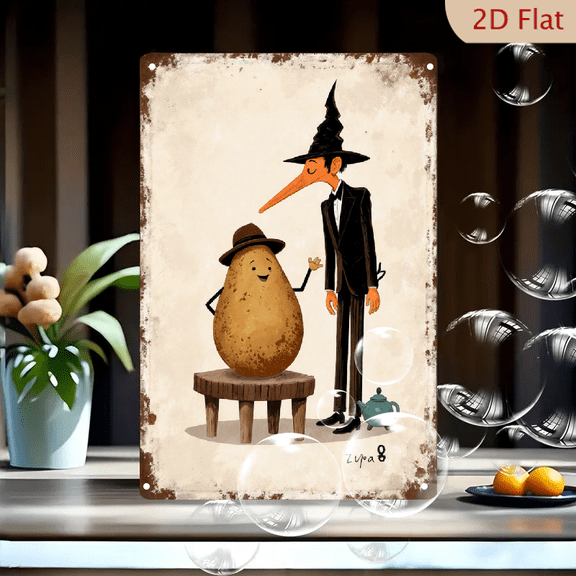 Whimsical Potato & Wizard Wall Art, 8x12 inch Metal Tin Sign, Vintage Aged Paper Style with Teapot, Funny Folklore Character Print for Kitchen or Home Decor