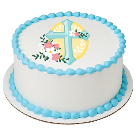 Whimsical Practicality's Communion Cross with Flowers Edible Icing Image Cake Topper-6 inch Round or Larger