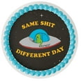 thumbnail image 1 of Whimsical Practicality's Rip N Dip S.S.D.D. Alien in Spaceship Edible Icing Image Cake Topper (2" Round (12 per Sheet)), 1 of 1