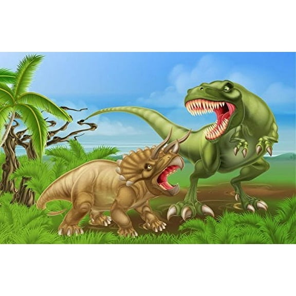 Whimsical Practicality's T Rex Triceratops Dinosaur Fight Scene Edible Cake Image Topper 8 Inch Round