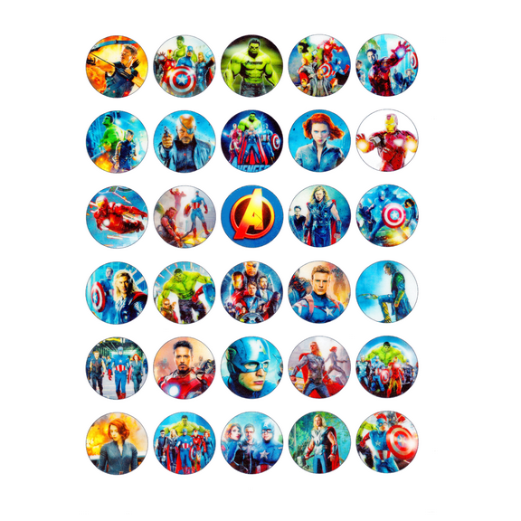 Whimsical Practicality’s Uncut Avengers Edible Icing Image Cupcake Toppers on Wafer Sheet-30 per sheet-1.5 inch Round or Larger