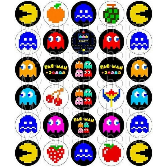 Whimsical Practicality’s Uncut PacMan Edible Icing Image Cupcake Toppers on Wafer Sheet-30 per sheet-1.5 inch Round or Larger