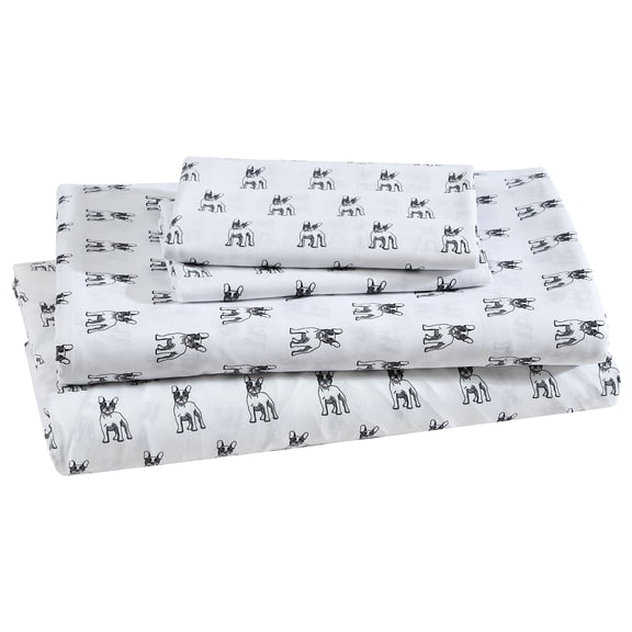 Beatrice Home Fashions, Whimsical Print 4PC Sheet Set, Queen, Bulldog White
