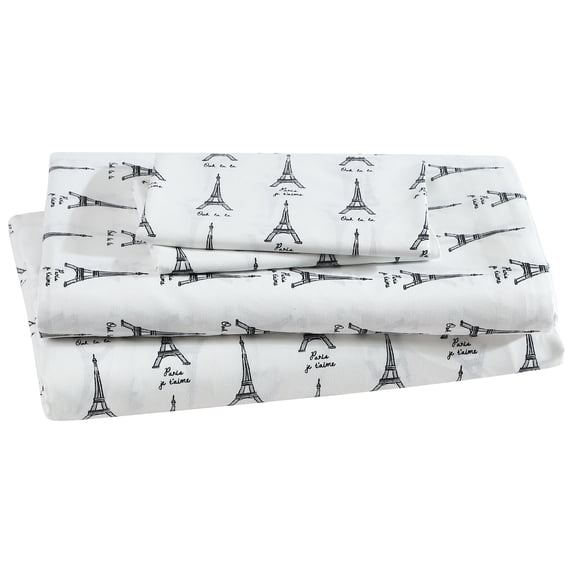 Beatrice Home Fashions, Whimsical Print 4PC Sheet Set, Queen, Paris White