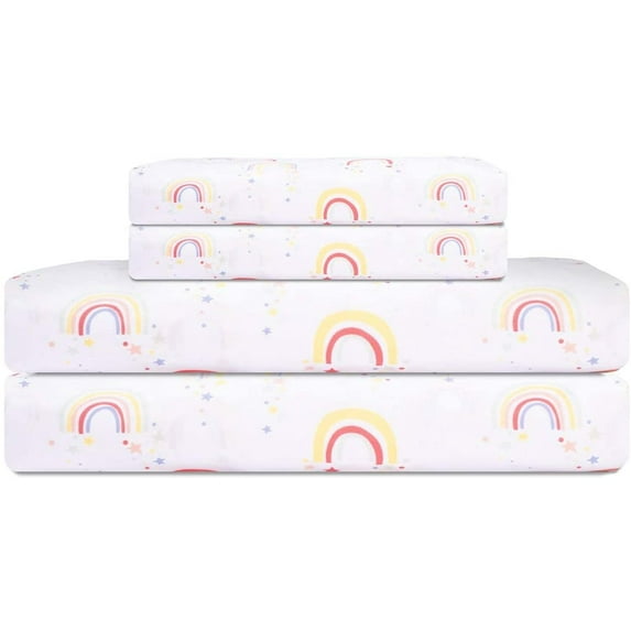 Elite Home Products Microfiber 90 GSM Whimsical Printed Deep-Pocketed Sheet Set, Rainbow, Twin