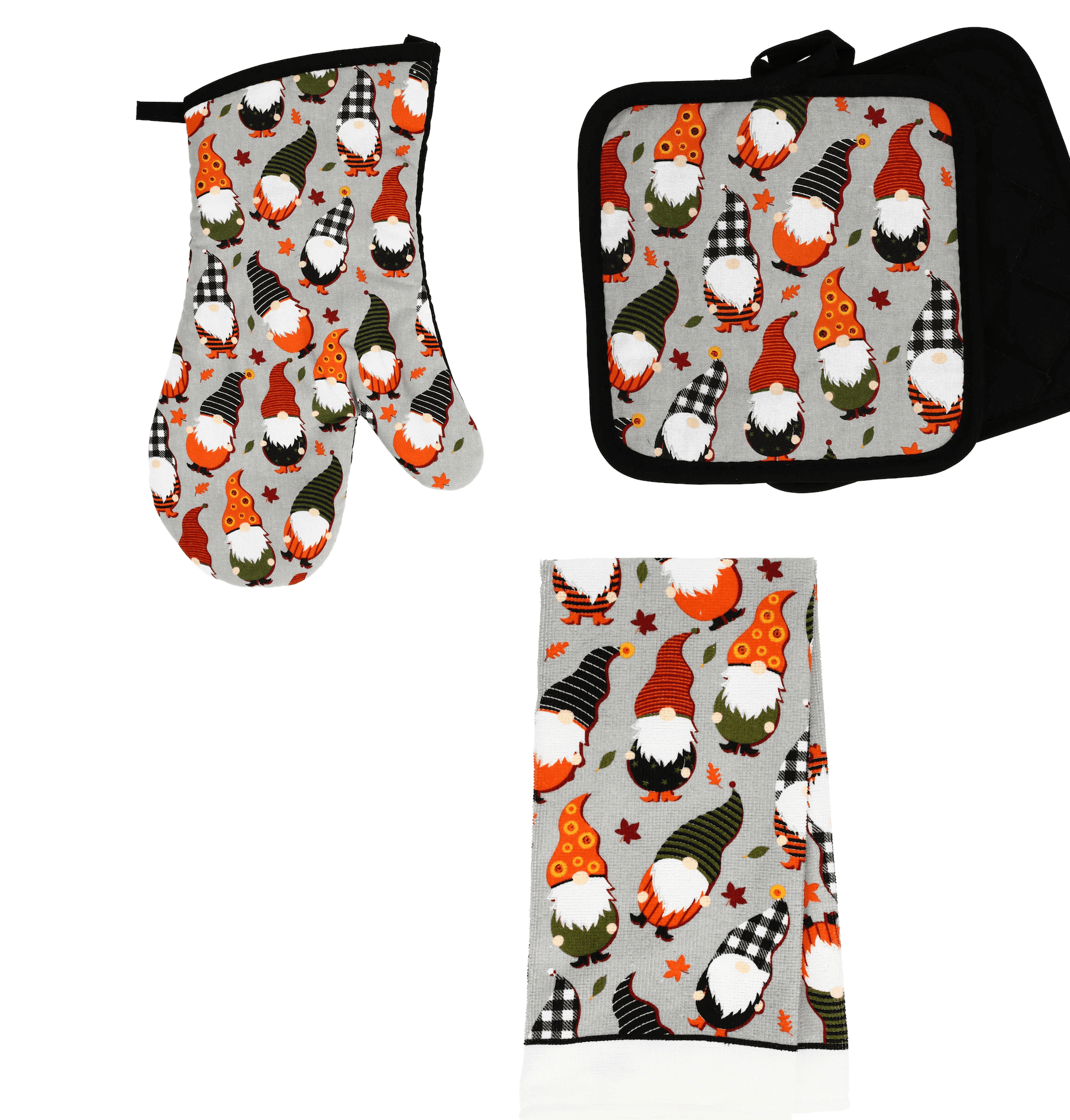 Whimsical Printed Gnome Halloween Oven Mitten, Pot Holders, and Towel Set