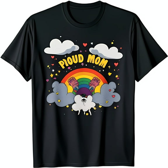 Whimsical Proud Mom Rainbow Graphic on Black T-Shirt Playful & Heartwarming Design