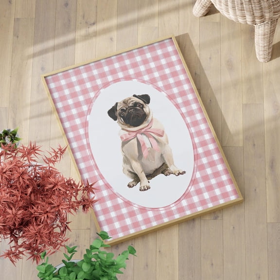 Whimsical Pug Puppy Pink Bow Wall Art, Vintage Nursery Pet Decor, Unframed Paper Print Size 8x12