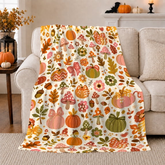 Whimsical Pumpkin Mushroom Harvest Scene, Playful Botanical Garden Scene, Warm Flannel Blanket for Living Room and Family Room, Garden Lovers Halloween Gift, Festive Home Decor