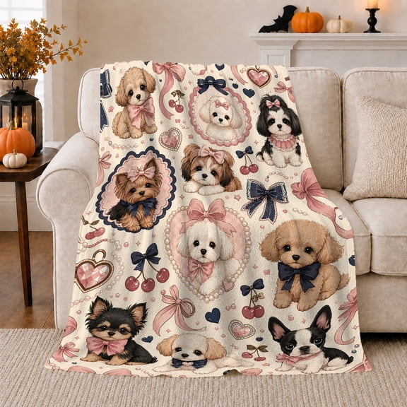 Whimsical Puppy Collage, Cozy Pet Portrait Pattern, Warm Flannel Blanket for Living Room and Bedroom with Detailed Artwork, Dog Lovers Just Because Gift, Pet Lover Home Decor