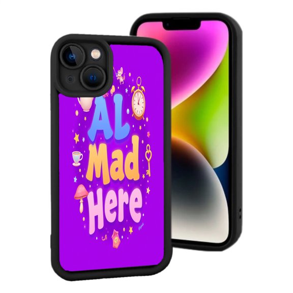 Whimsical Purple ' AL Mad Here ' iPhone 15 Case - Lightweight Yellowing Resistant with Colorful Illustrations & Black Border