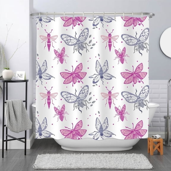 Whimsical Purple & Gray & Butterfly Shower Curtain - Artistic Line Art Design for Bathroom Decor