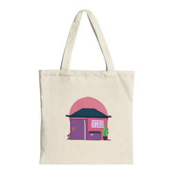 Whimsical Purple House Tote Bag - Canvas Multifunctional with Potted Plants & Pink Dome Roof Perfect for Shopping & Travel