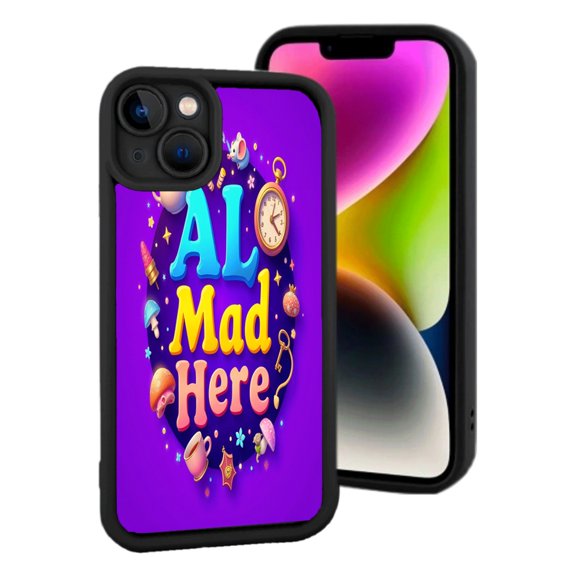 Whimsical Purple Pattern iPhone 15 Case - Playful Design with Colorful ' AL Mad Here ' Text Teacups Mushrooms & Stars
