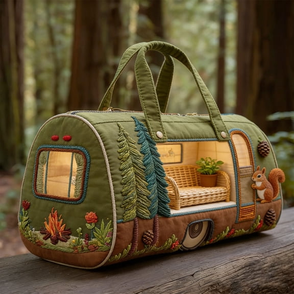 Whimsical RV Quilted Duffle Bag, Large Canvas Travel Carry-On for Weekend Trips, Funny Camping Theme Work & Gym Bag, Lightweight Tote with Pockets(A, 16" x 8" x 8")