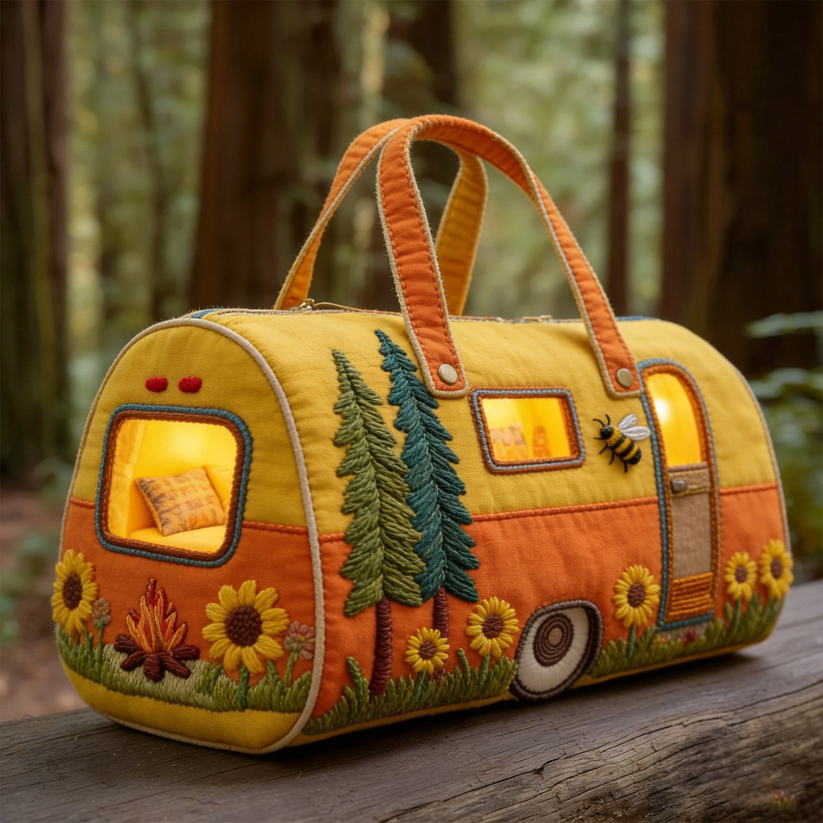 Whimsical RV Quilted Duffle Bag, Large Canvas Travel Carry-On for Weekend Trips, Funny Camping Theme Work & Gym Bag, Lightweight Tote with Pockets(C, 18" x 9" x 9")