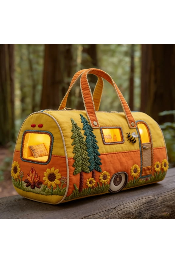 Whimsical RV Quilted Duffle Bag, Large Canvas Travel Carry-On for Weekend Trips, Funny Camping Theme Work & Gym Bag, Lightweight Tote with Pockets(C, 18" x 9" x 9")