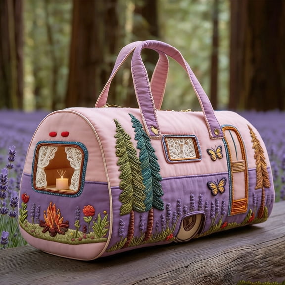 Whimsical RV Quilted Duffle Bag, Large Canvas Travel Carry-On for Weekend Trips, Funny Camping Theme Work & Gym Bag, Lightweight Tote with Pockets(D, 18" x 9" x 9")