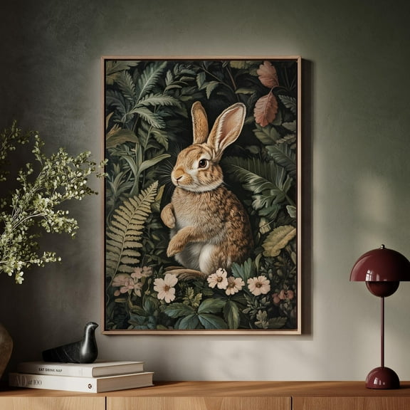 Whimsical Rabbit In Botanical Setting Art, Woodland Animal Wall Print, Nature-Inspired Decor With Floral And Fern Details Wall Art, Modern Wall Decor, 8x12 UNFRAMED