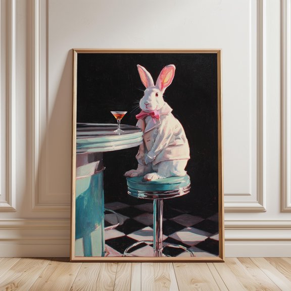 Whimsical Rabbit In Coat With Cocktail Art Print Retro Diner Scene Wall Decor, Unframed Paper Print