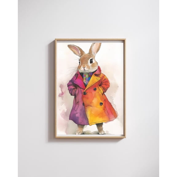 Whimsical Rabbit Print Bright Trench Coat Animal Art Poster Decor, Stretched Canvas Size 12x18 F03.1.22l397