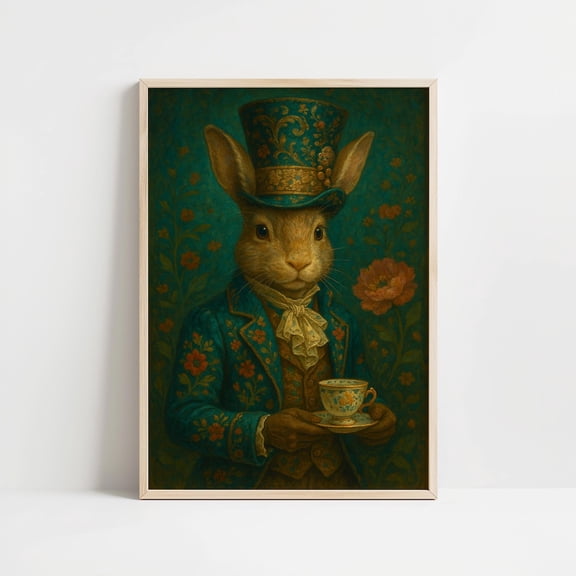 Whimsical Rabbit Tea Party Portrait Dark Academia, Unframed Paper Print Size 24x36