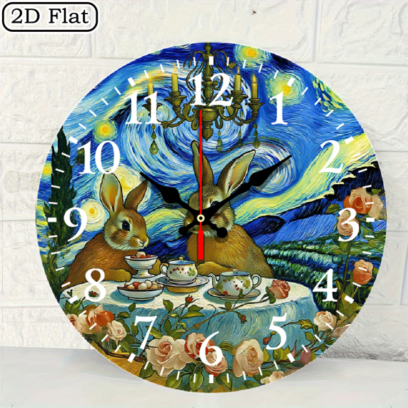 Whimsical Rabbits Tea Party Van Gogh Starry Night Style Digital Wall Clock Round 10x10 Inch 1pc Battery Not Included
