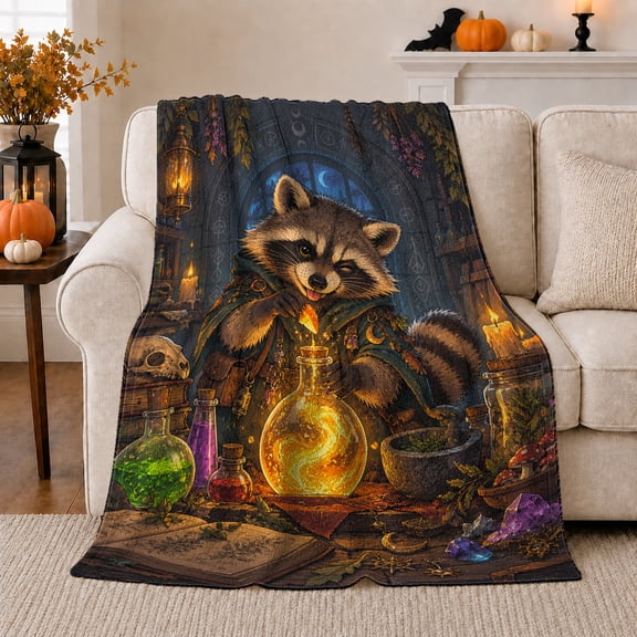 Whimsical Raccoon Alchemist Potion Laboratory Art decorative motif autumn celebration, Warm Flannel Blanket for Cabin and Lodge, Festive autumn celebration Scene, Art Lovers autumn celebration Gift
