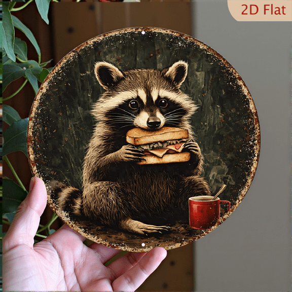 Whimsical Raccoon Eating Sandwich Wall Art, 8x8 Inch Round Aluminum Metal Decor for Home Kitchen Office Woodland Rustic Aesthetic