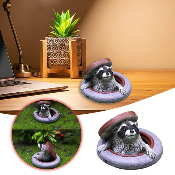 Whimsical Raccoon Manhole Cover Resin Statue Miniature Garden Wild Animal Ornament Micro Landscape Fairy Garden Decor for Patio Lawn Desk Indoor Outdoor Use