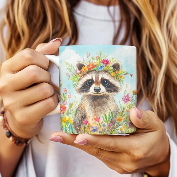 Whimsical Raccoon wearing a floral wreath, Ceramic Mug, Floral Wreath Coffee Cup, Raccoon, Cute Animal, Easter Gift, Spring Kitchen Decor