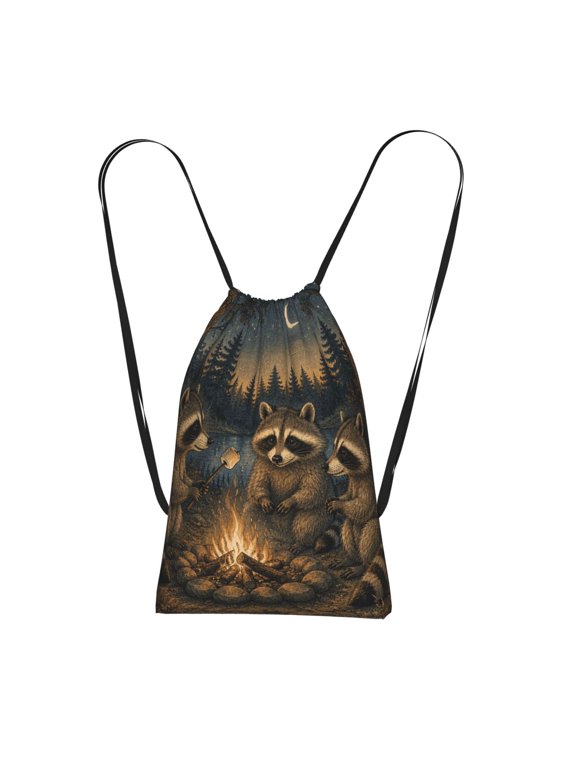 Whimsical Raccoons Campfire Packable Drawstring Backpack, Lightweight Foldable Cinch Storage Bag for Gym Travel Shopping