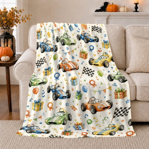 Whimsical Race Car Theme, Playful Artistic Scene, Warm Flannel Blanket for Living Room and Bedroom with Detailed Artwork, Celestial Art Lovers Mother's Day Gift, Artistic Home Decor