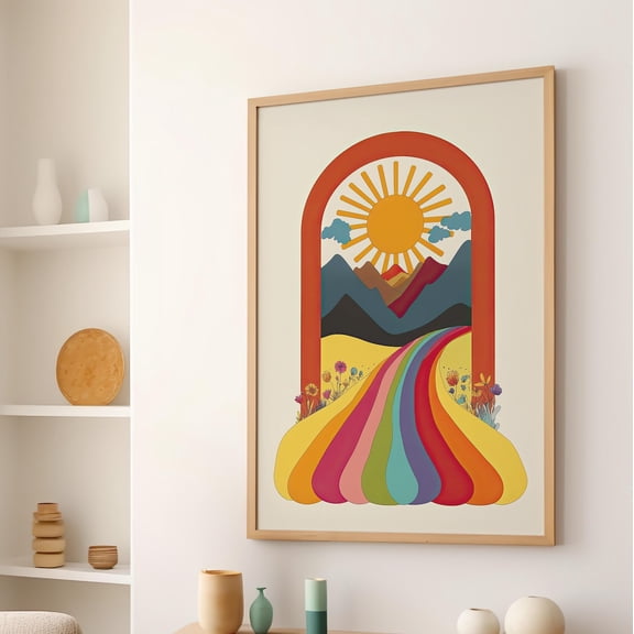 Whimsical Rainbow Arch Wall Art, Retro Colorful Abstract Botanical Nursery Decor, Unframed Paper Print Size 8x12