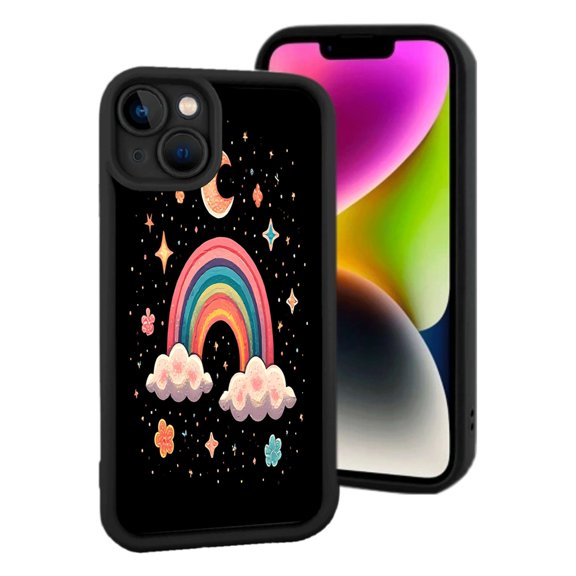 Whimsical Rainbow & Cloud Design iPhone 15 Case - Lightweight Yellowing Resistant Playful Night Sky with Stars & Moon